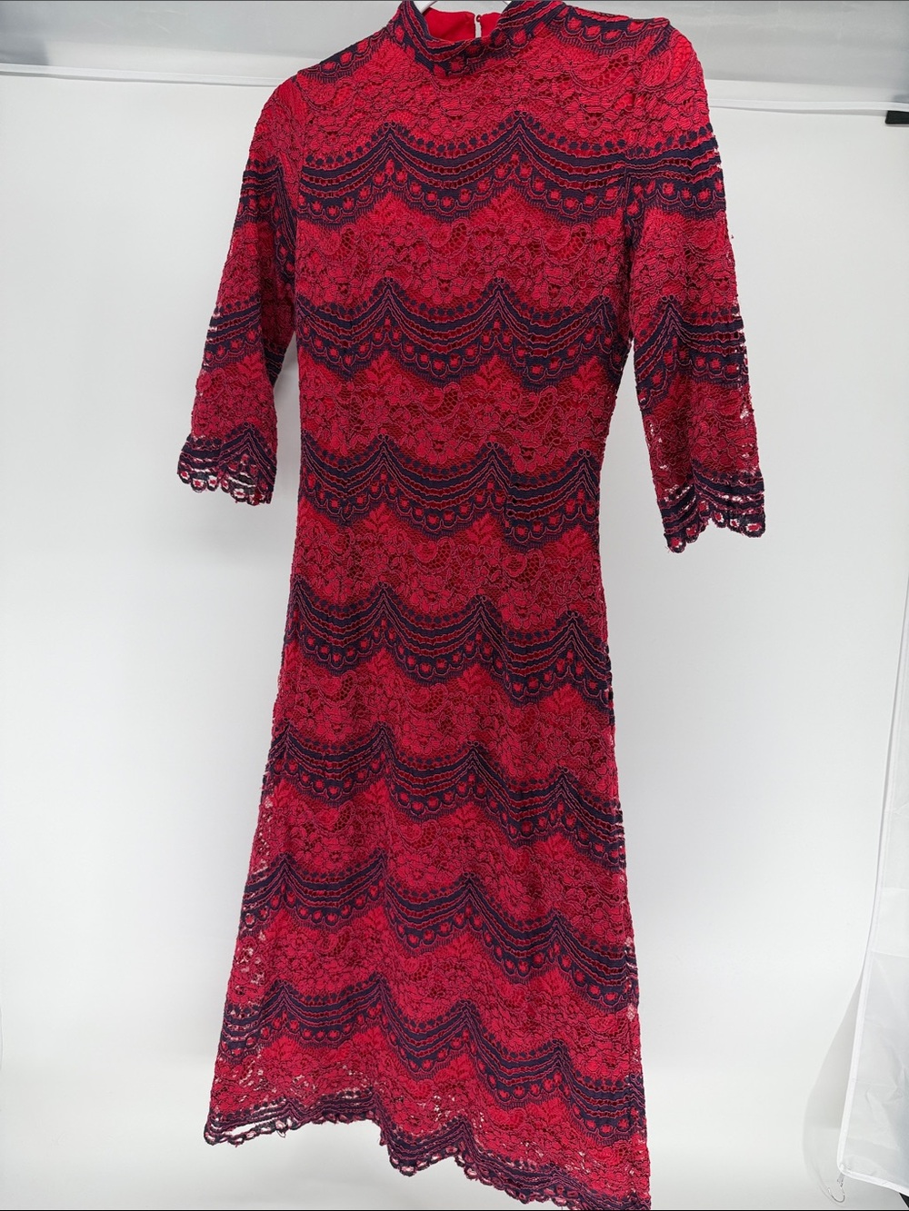 Dainty Jewells Red Lace Midi Dress with Navy Trim